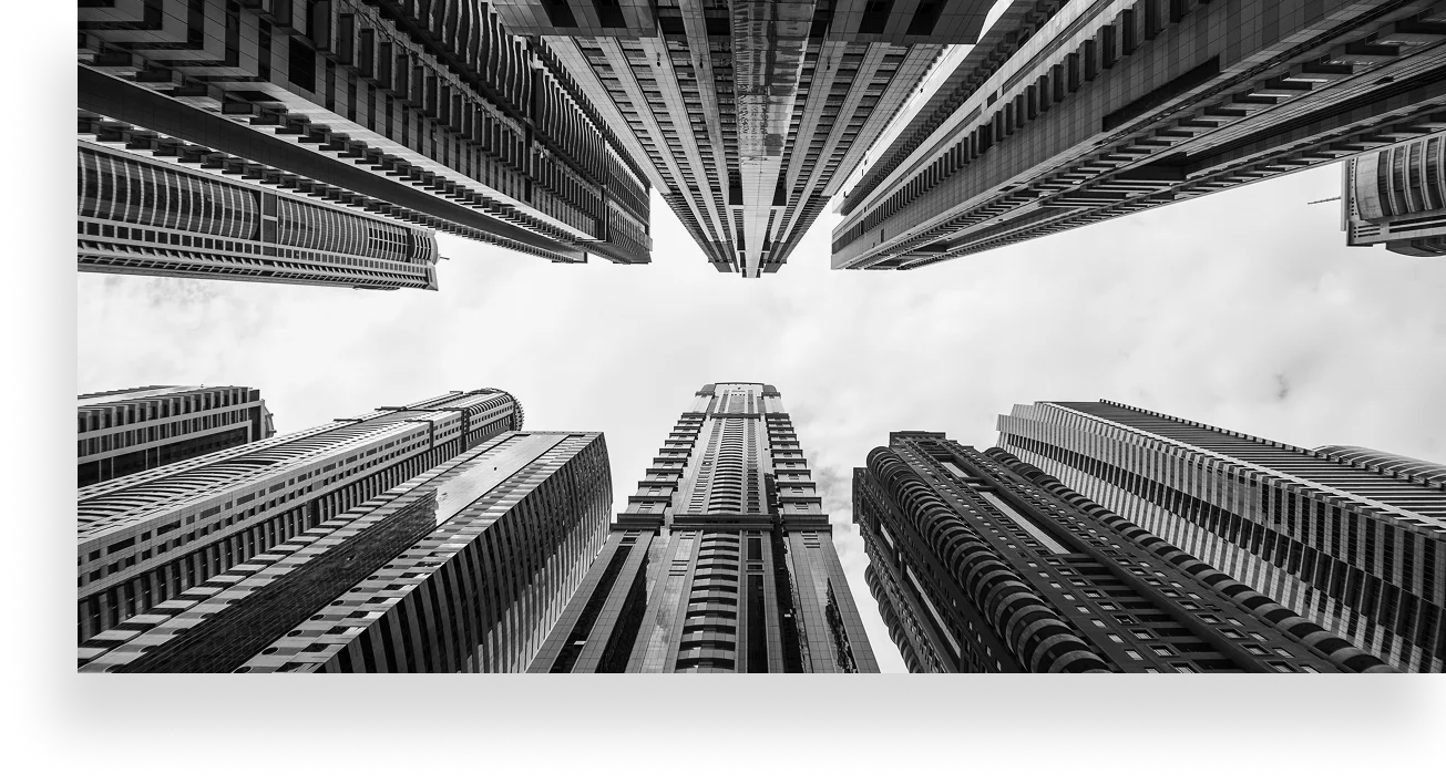 Architectural towers viewed from below